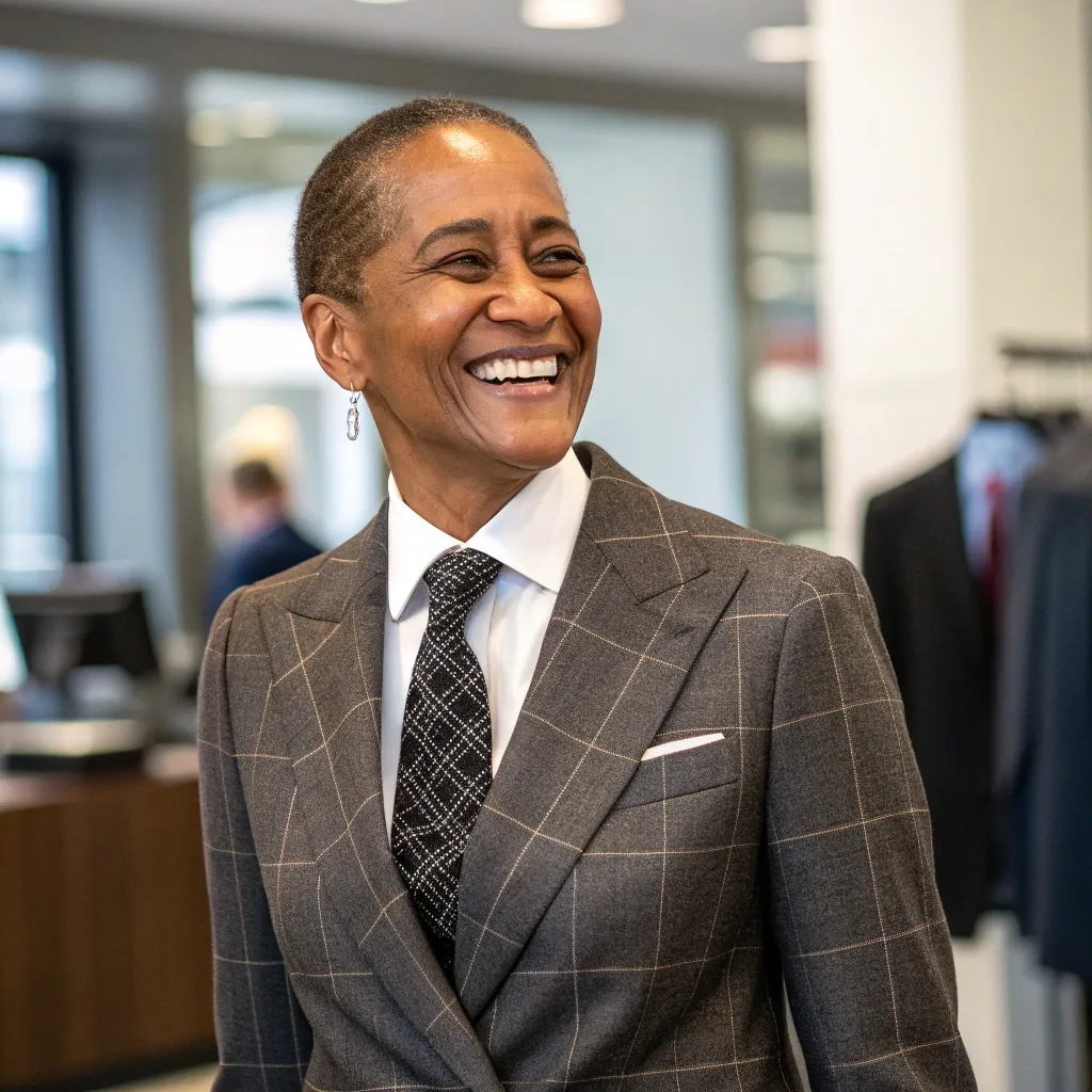 A happy customer wearing a tailored suit